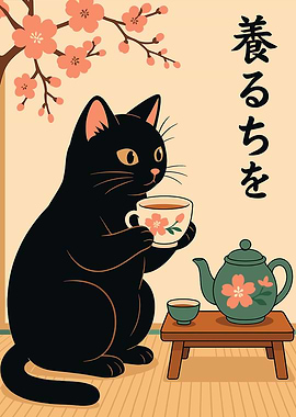 Black Cat Tea Time Illustration
