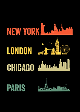 City Skyline Silhouettes: New York, London, Chicago, Paris