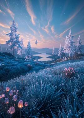 Dreamy Winter Landscape with Glowing Flowers