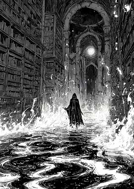Monochrome Library with Cloaked Figure