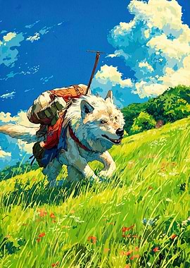 Wolf with Backpack in Grassy Field