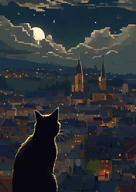 Cat Silhouette Over City at Night