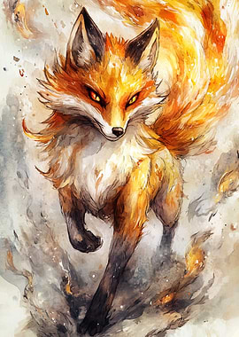 Nine-tailed Fox Watercolor Art