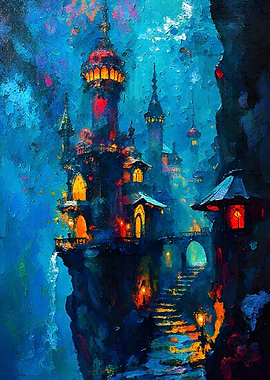 Fantasy Castle on Cliff Painting
