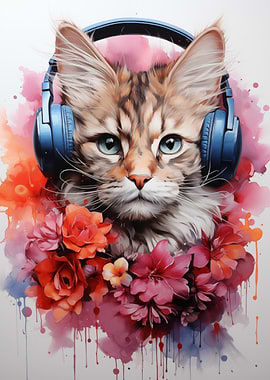 Cat with Headphones Floral