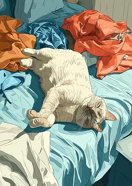 Sleeping Cat on Laundry Bed