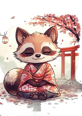 Meditating Raccoon in Kimono