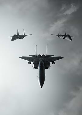 Three Fighter Jets in Cloudy Sky