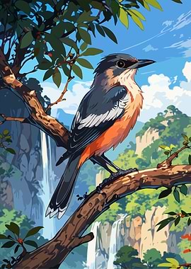 Bird on Branch with Waterfall Backdrop