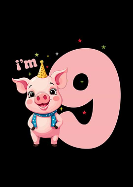 Cute Pig Ninth Birthday Illustration