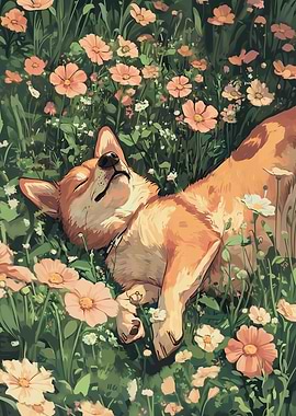 Sweet Shiba Inu Sleeping in Flowers