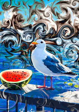 Seagull and Watermelon Digital Art
