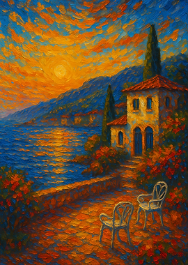 Mediterranean Coastline Painting at Sunset