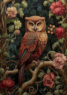 Owl Perched Among Roses and Foliage