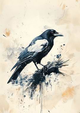 Watercolor Raven on Branch
