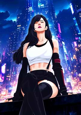 Tifa Lockhart in Cyberpunk Cityscape