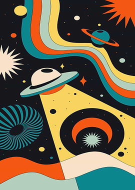 Retro Space Illustration with UFO