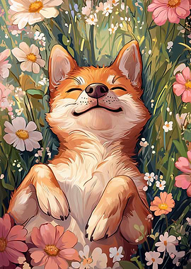 Happy Shiba Inu in Flower Field