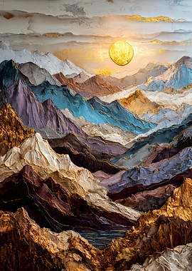 Abstract Mountain Landscape with Golden Sun