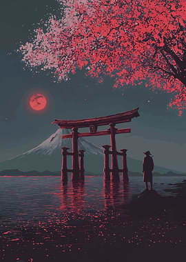 Japanese Landscape with Torii Gate