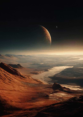 Martian Landscape with Distant Planets