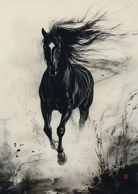 Black Horse Galloping Ink Painting