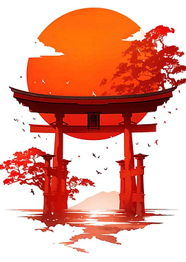 Japanese Torii Gate Sunset Illustration
