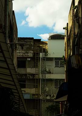 Urban buildings with ladder and sky