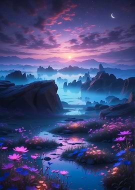 Mystical Landscape with Flowers and Mountains