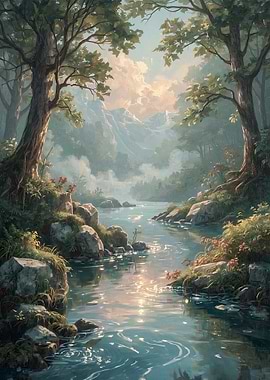 Serene River Landscape with Mountains