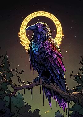 Mystical Raven Perched on Branch