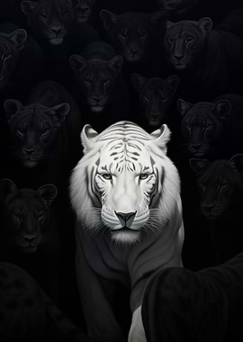 White Tiger Surrounded by Black Panthers