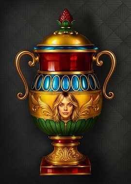 Modern photographic version of l’Asso di Coppe Italian playing card – Club Italiano. Ornate Vase cup with Woman's Face