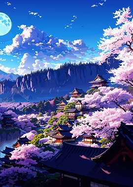 Japanese Village with Cherry Blossoms