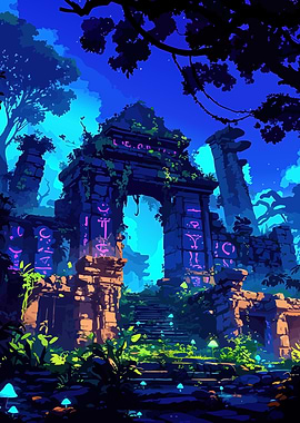 Mystical Ruins in a Blue Forest