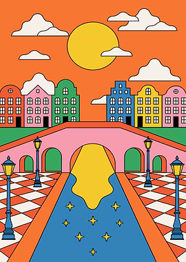 Colorful Cityscape with Bridge and Stars