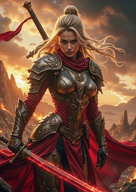 Female Warrior with Sword in Landscape
