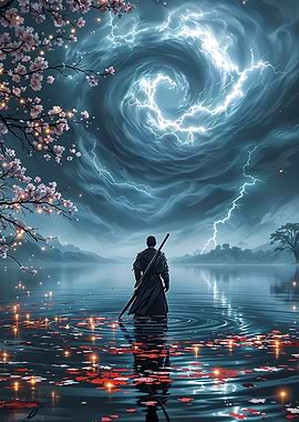 Samurai in Stormy Lake