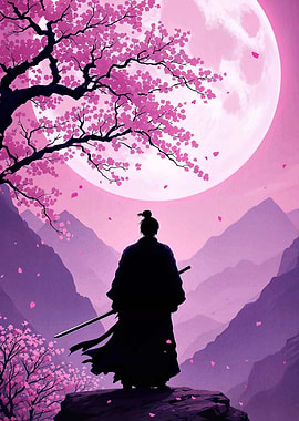 Samurai under Cherry Blossoms and Moon