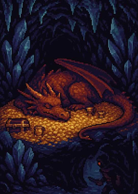 Pixel Art - Sleeping Dragon on Gold