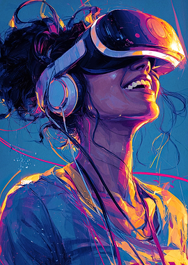 Woman with VR headset and headphones