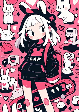 Anime Girl with Bunny Hoodie and Skateboard