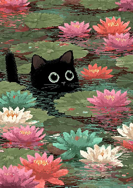 Black Cat in Lily Pond Pixel Art