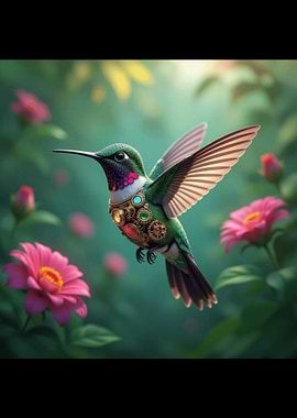 Steampunk Hummingbird in Floral Garden