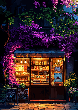Cozy Storefront with Flowers at Night