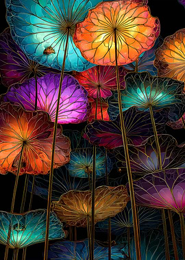 Colorful Lotus Flowers with Golden Outlines