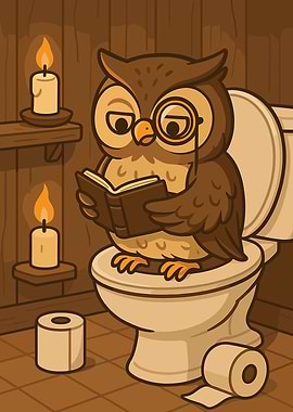Owl Reading on Toilet Cartoon