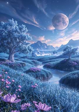 Enchanted River Valley Under a Luminous Moon