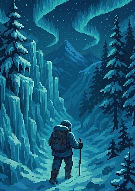 Pixel Art - Hiker Under Aurora Borealis