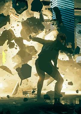 Explosion in Cityscape with Figure